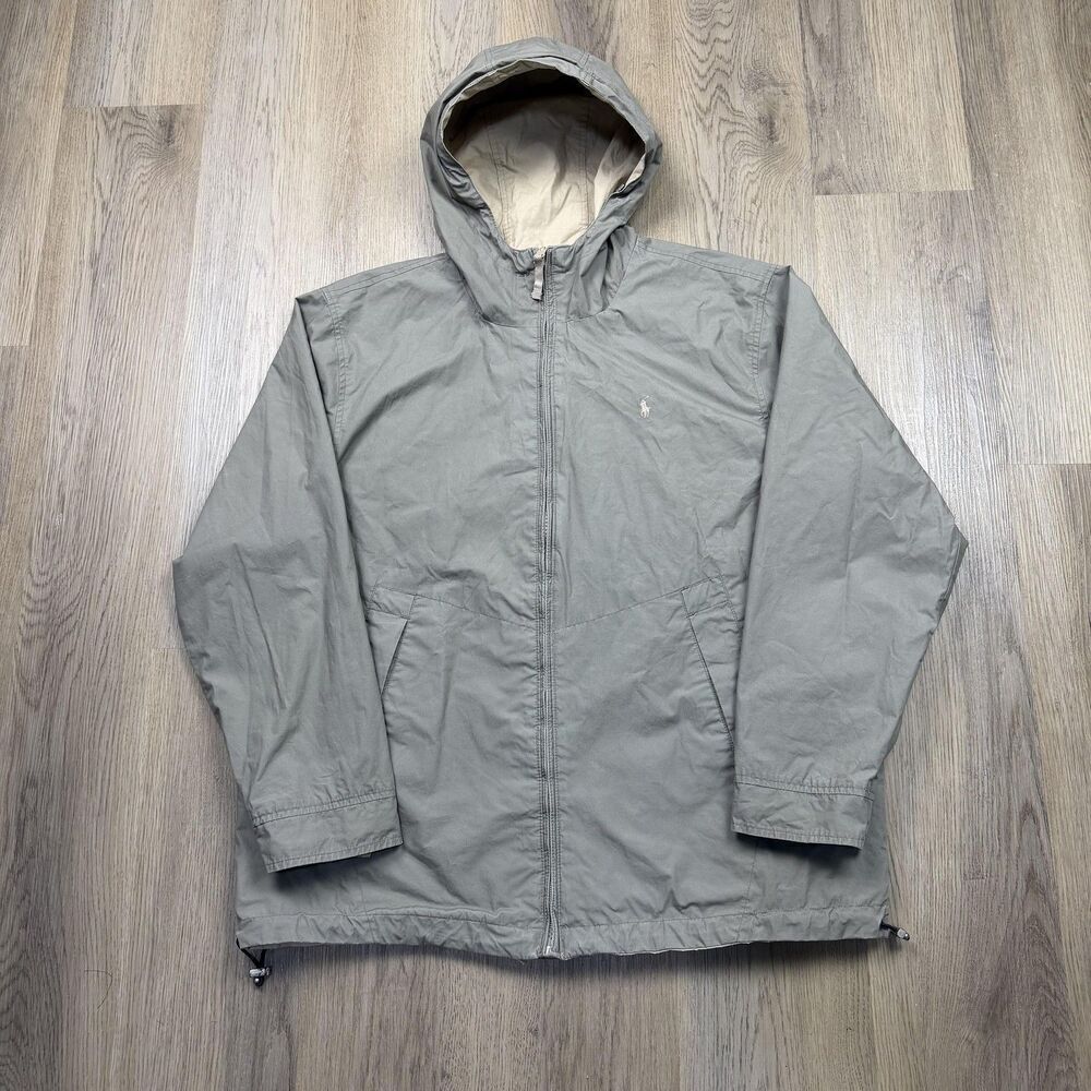Vintage Polo Ralph Lauren Jacket Mens Large Gray Reversible Hooded Windbreaker